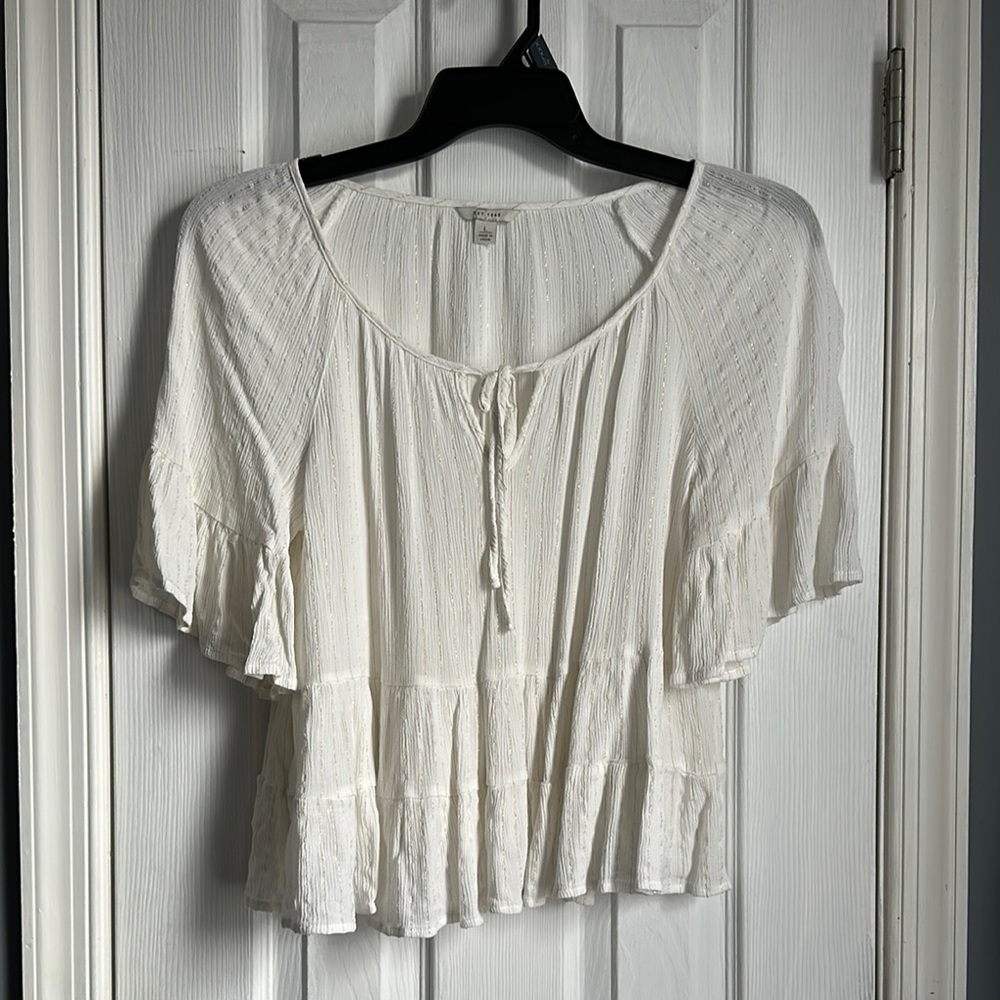 Cream Peplum Blouse with Flutter Sleeves and Tie Front
